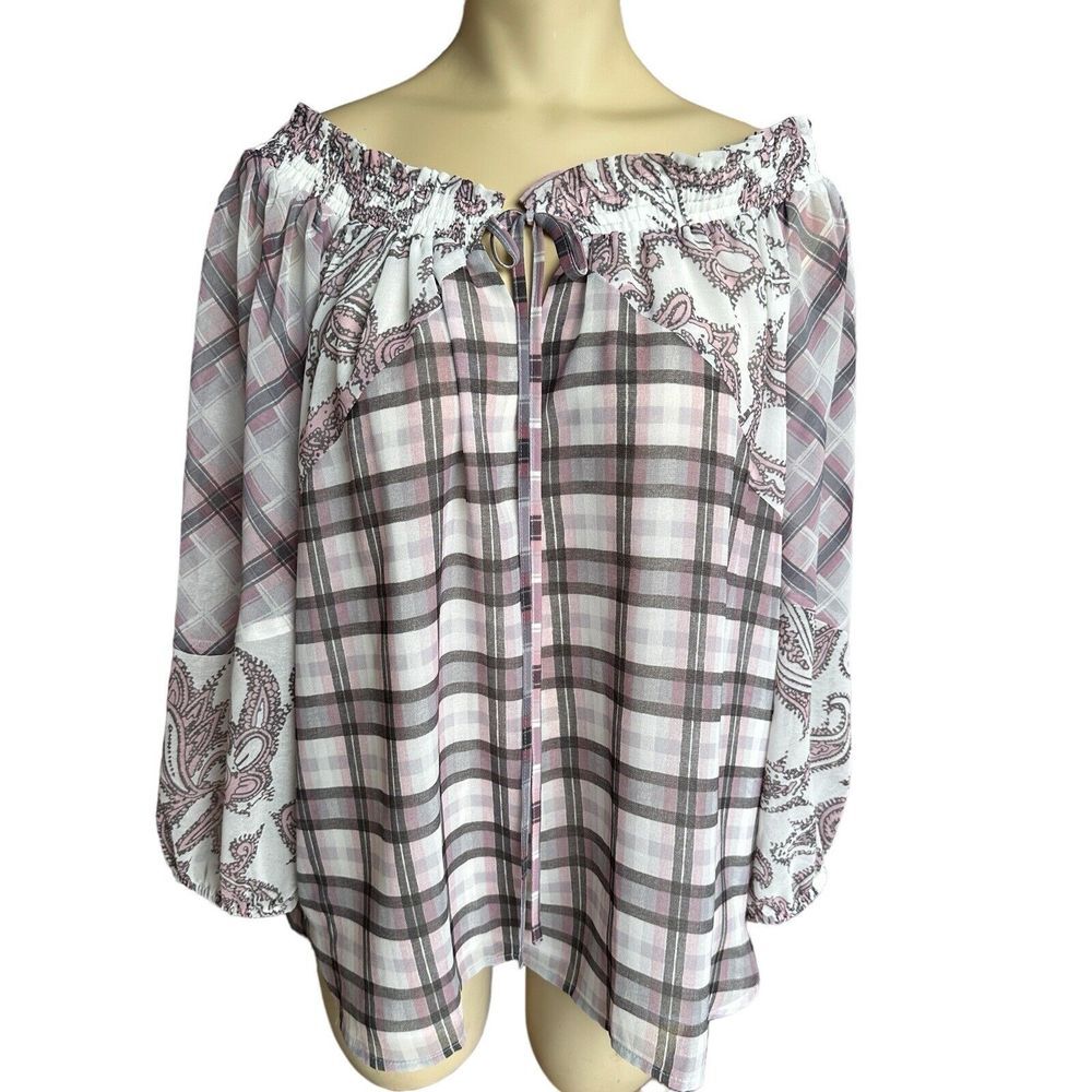 Ann Taylor Loft Blouse‎ Off Shoulder Women's Small Paisley Plaid Chiffon Top EUC